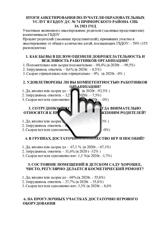 Итоги анкетирования получателя образовательных услуг в ГБДОУ дс № 74 Приморского района СПб за 2021 год  